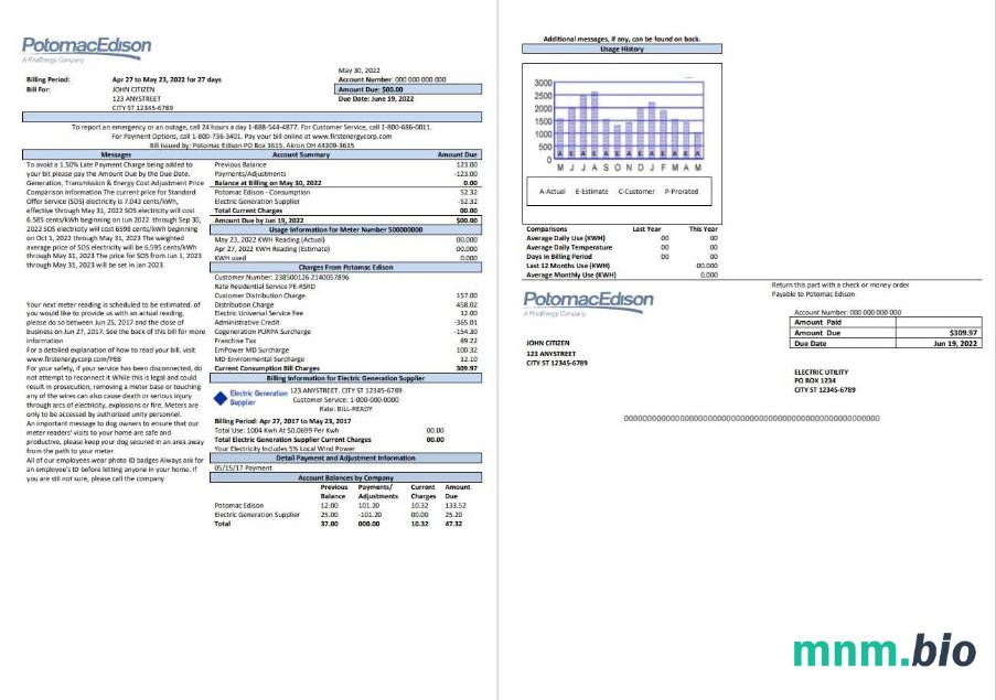 USA Maryland Potomac Edison rachunek za media, Word i PDF template, 2 strony